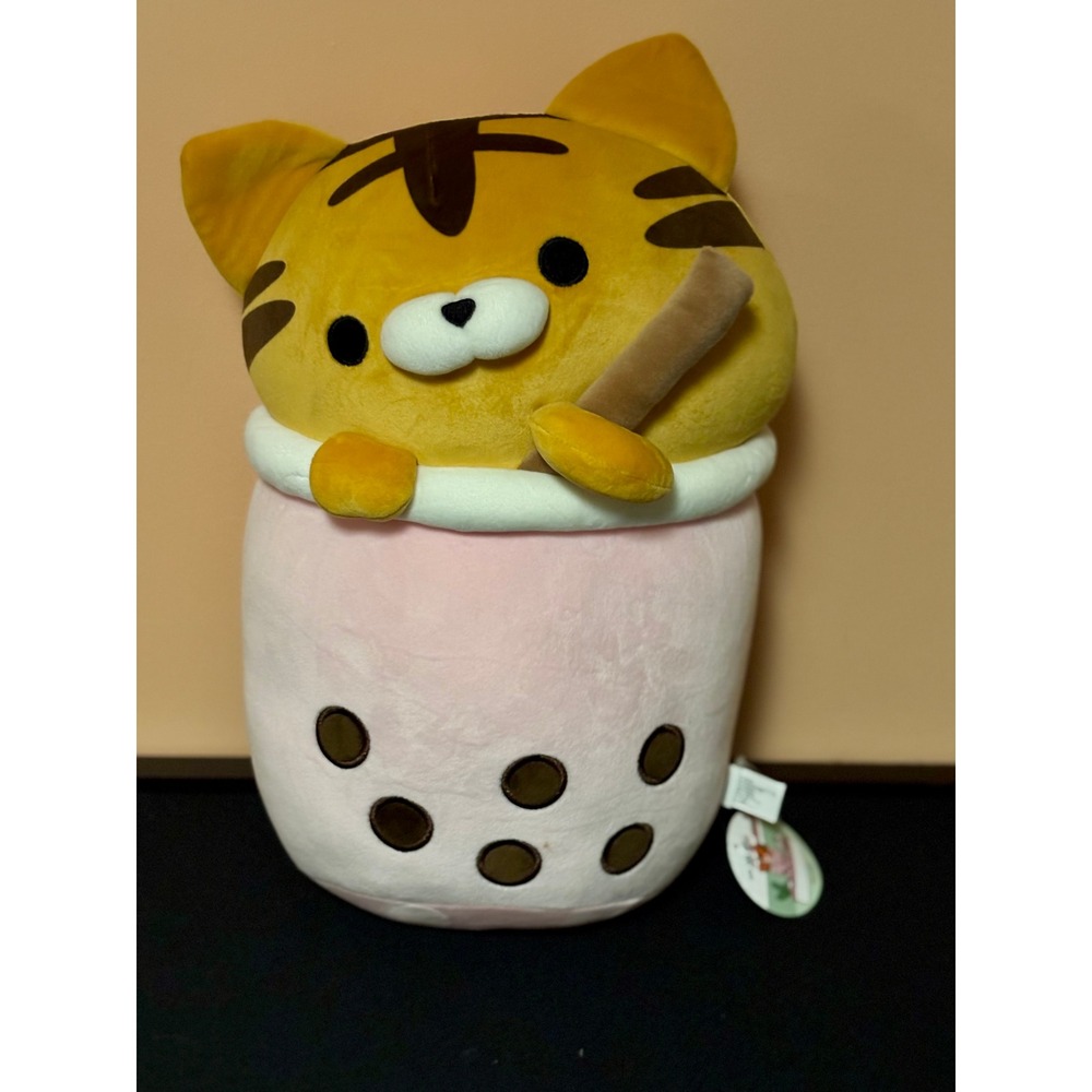 Takashoji Tora Boba Tea Cup Plush Orange Tabby Cat Pink 15 Inch Stuffed Toy NWT